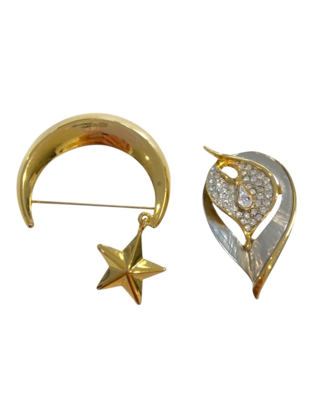 Vintage Signed Vittorio Gold Tone Leaf Brooch With Rhinestones & Mother Of Pearl